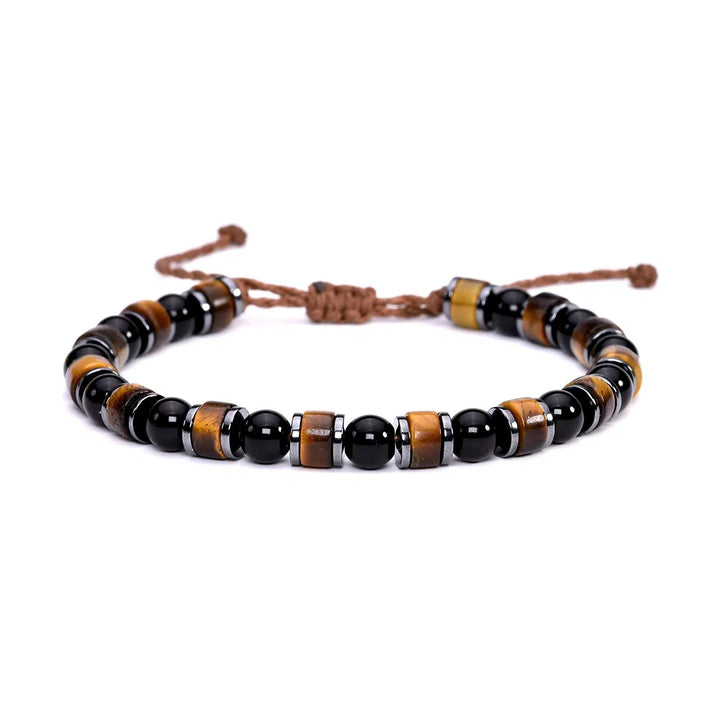 Triple Protection Bracelet (Tiger Eye, Obsidian, Hematite) 6mm Beads Braided Brown Wax Cord