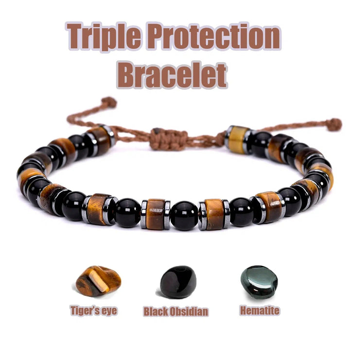 Triple Protection Bracelet (Tiger Eye, Obsidian, Hematite) 6mm Beads Braided Brown Wax Cord