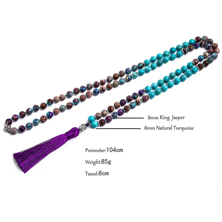 Turquoise And Violet Imperal Jasper 108 Bead Knotted Japamala Necklace