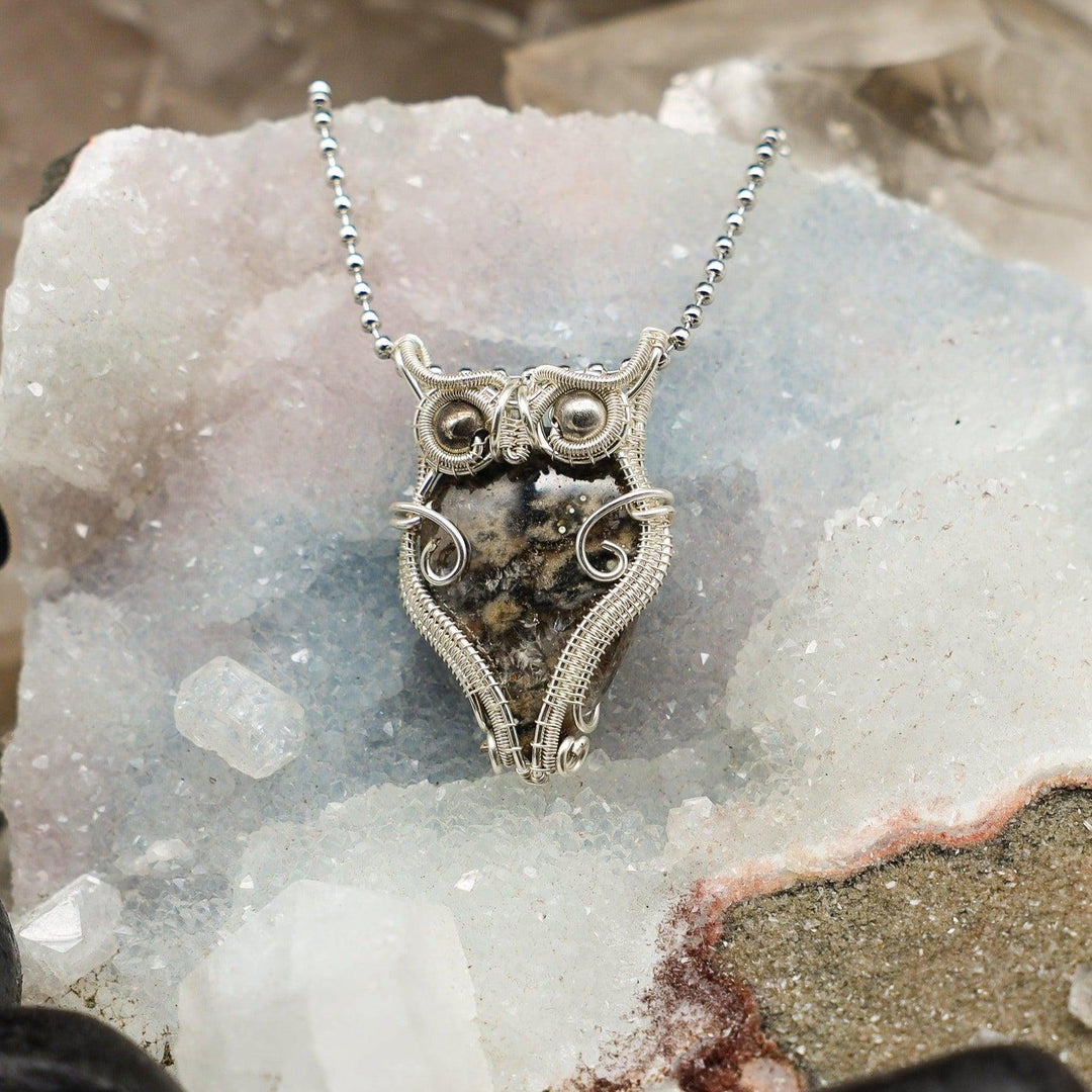 Turritella Agate Owl Wire Wrap Pendant - 2.00"