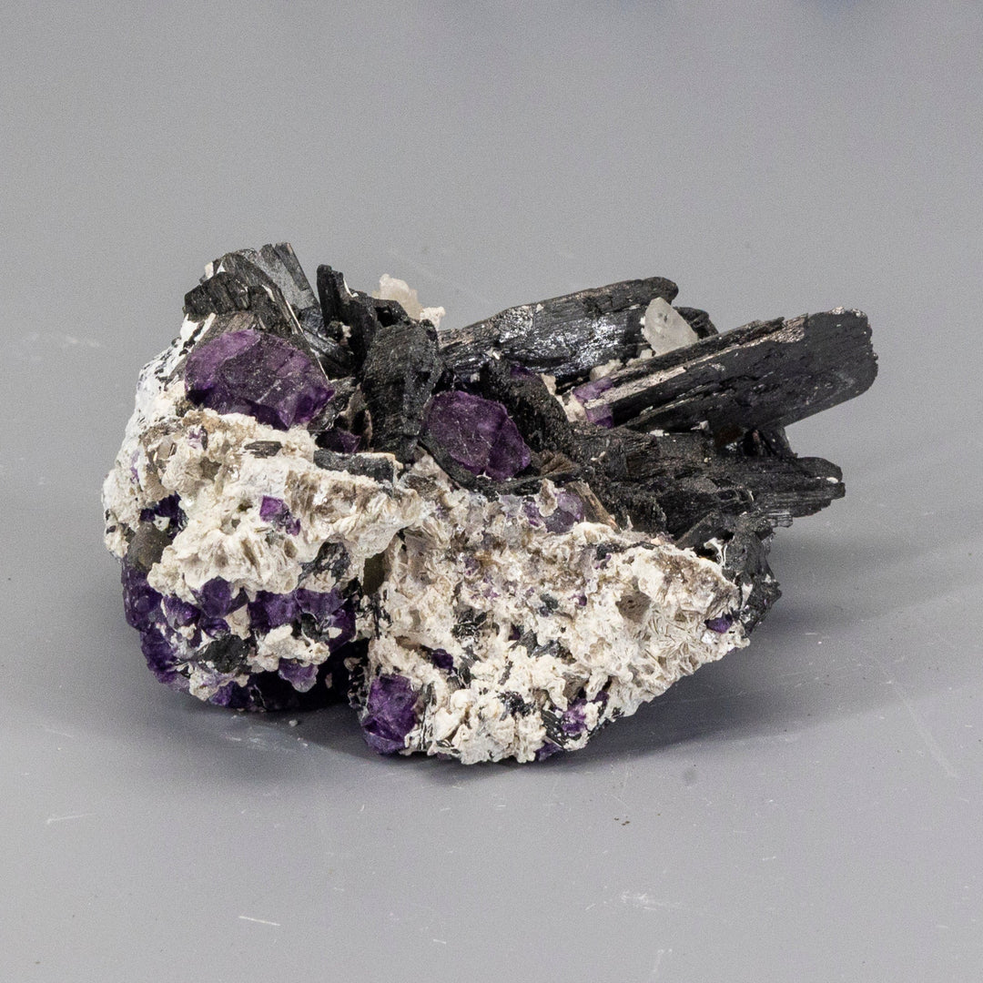 Unique Namibian... Quartz - Black Tourmaline - Purple Fluorite Cluster-Clusters-Crystal Destiny-Quartz - Black Tourmaline - Purple Fluorite-498g - 4.00"L x 3.00"w x 2.00"H-Crystal Destiny