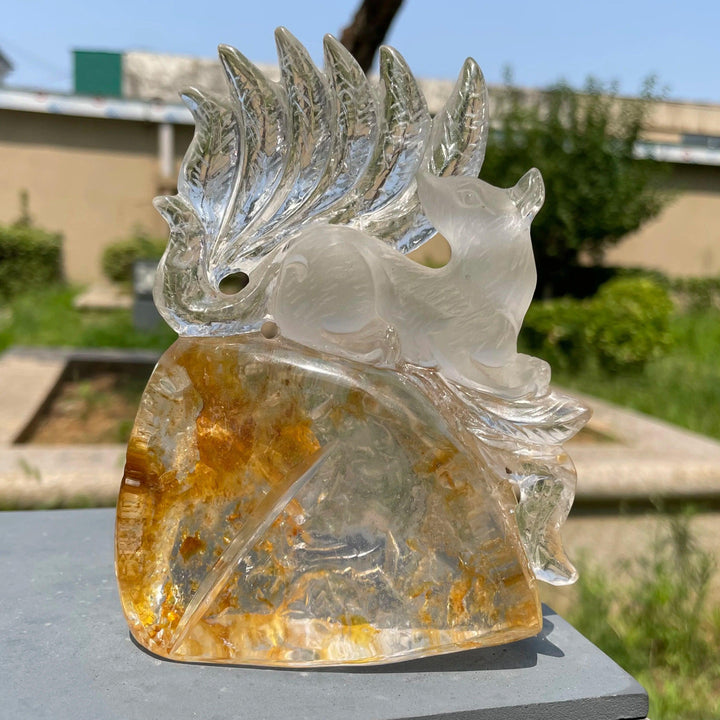 Yellow Garden Quartz Nine Tailed Fox Carving