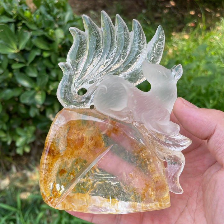 Yellow Garden Quartz Nine Tailed Fox Carving