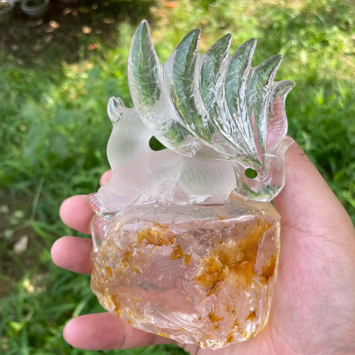 Yellow Garden Quartz Nine Tailed Fox Carving