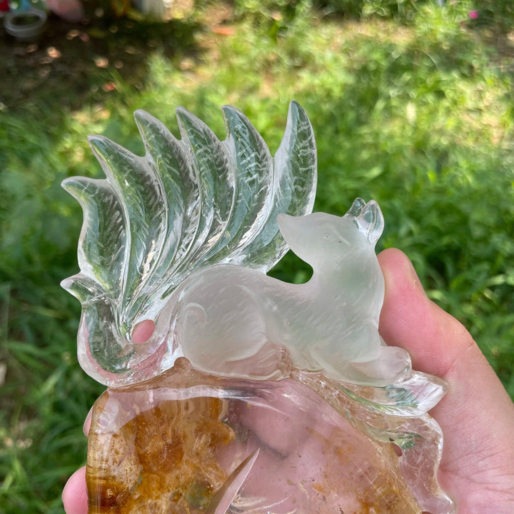 Yellow Garden Quartz Nine Tailed Fox Carving