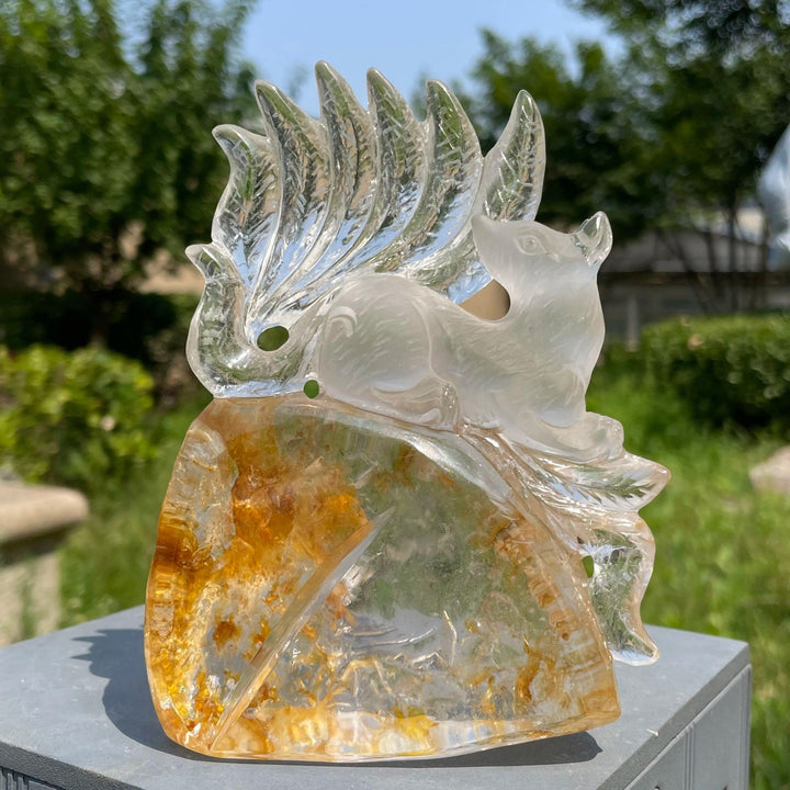 Yellow Garden Quartz Nine Tailed Fox Carving