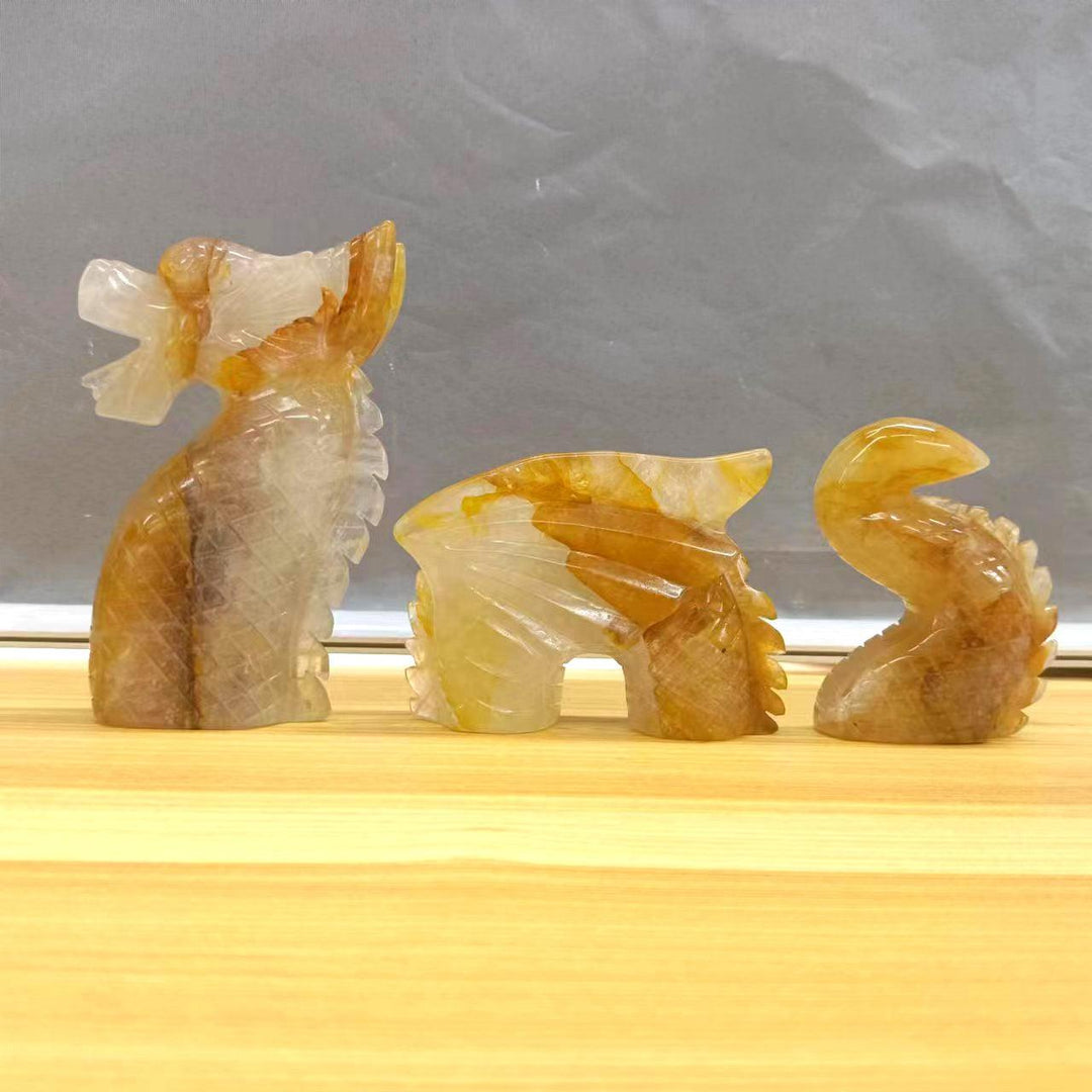 Yellow Hematoid Quartz Three Part Chinese Dragon Sculpture