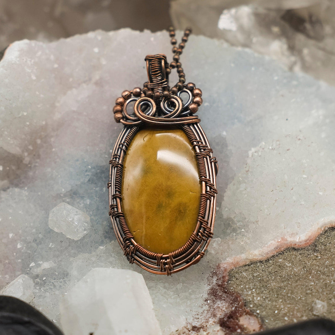 Yellow Jasper Wire Wrap Pendant Necklace - 3"