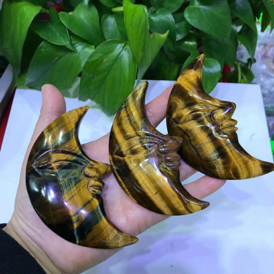 Yellow Tiger Eye Hand Carved Cartoon Moon Face